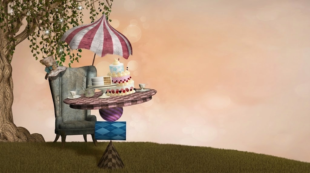 Fantasy scene with a chair, table, cake, and umbrella under a tree.