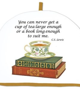 tea cozy, books, cur of tea